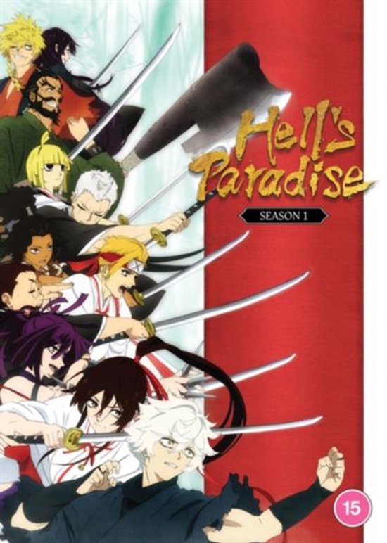 Anime DVD hoes 'Hell's Paradise Season 1' met een groep personages met zwaarden.