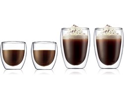 Bodum Dubbelwandige Espressoglazen & Koffieglazen Set Pavina – 4 Stuks – 2x 80 ml + 2x 350 ml – Met Gepatenteerd Ventiel – Gemaakt van Borosilicaatglas – Voor Espresso, Cappuccino, Koffie en Thee – Hittebestendig, Condensvrij en Vaatwasserbestendig