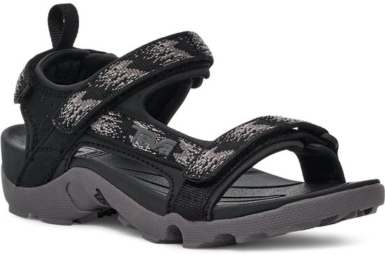 Zwarte Teva sandaal met grijze zool en camouflagebandjes. Zijaanzicht.