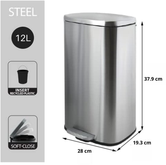 Stalen prullenbak van 12L met de afmetingen 28 x 19.3 x 37.9 cm. Met soft-close deksel.