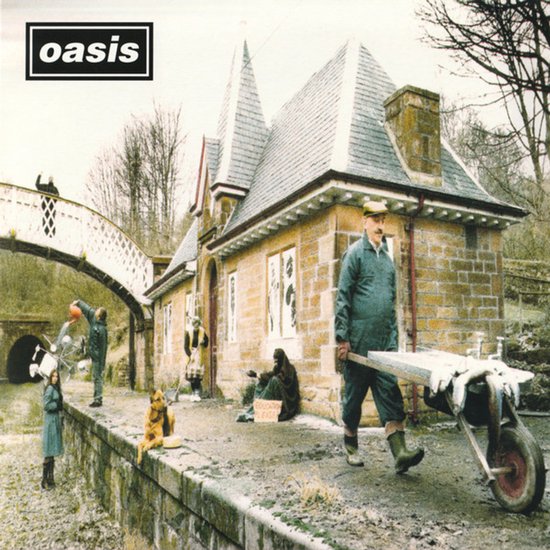 Omslag van Oasis album 'Some Might Say' met een station, man met kruiwagen en hond.