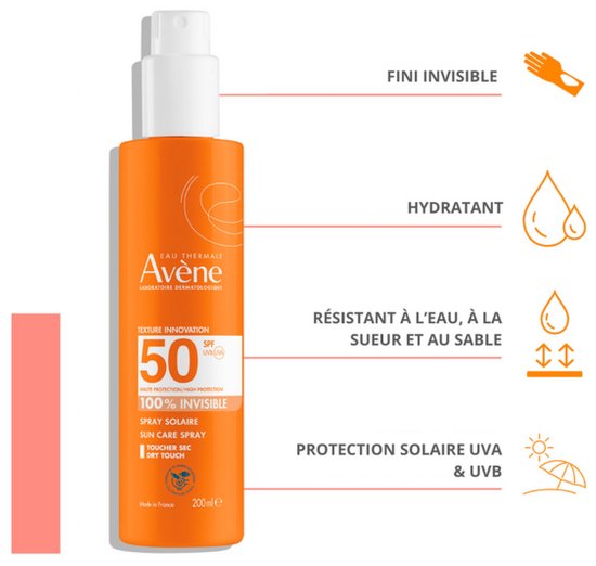 Oranje fles met witte dop, met 'Avène' en 'SPF 50 100% Invisible'. Iconen geven aan: onzichtbaar, hydraterend, water- en zandbestendig.