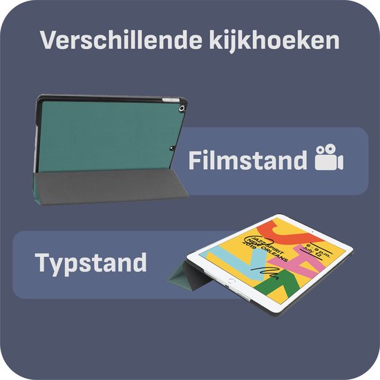 Groene iPad hoes in de filmstand en typstand, met een tablet met een kleurrijk scherm.