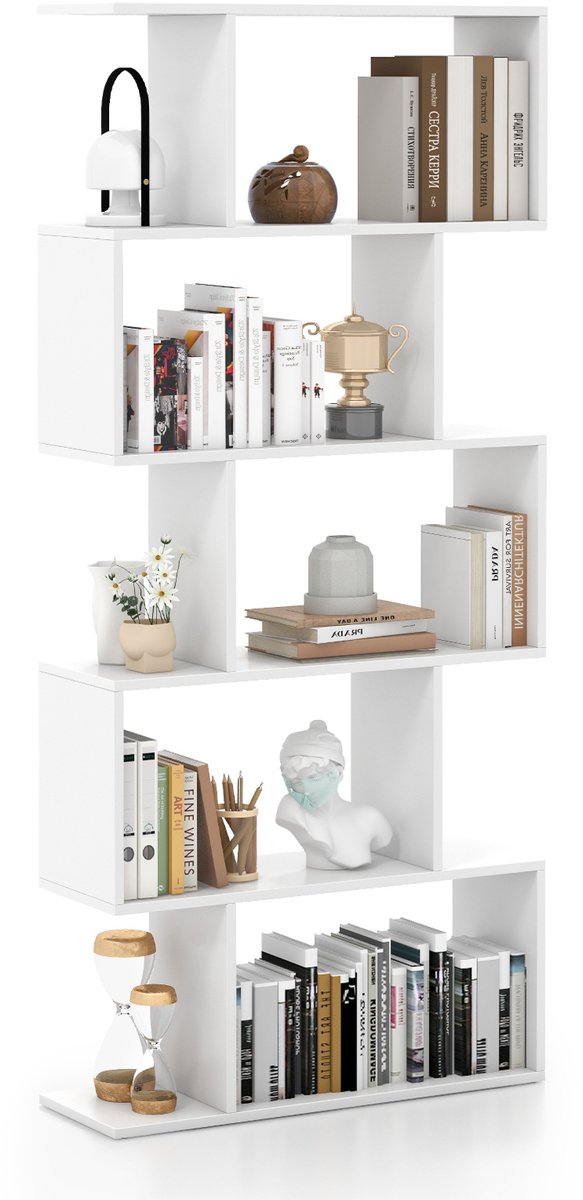Costway Boekenkast, rek met 5 niveaus, staand rek van hout, kantoorplank, opbergplank, ruimteverdeler, rek voor woonkamer, slaapkamer, kantoor, 70 x 23,5 x 158 cm (wit)