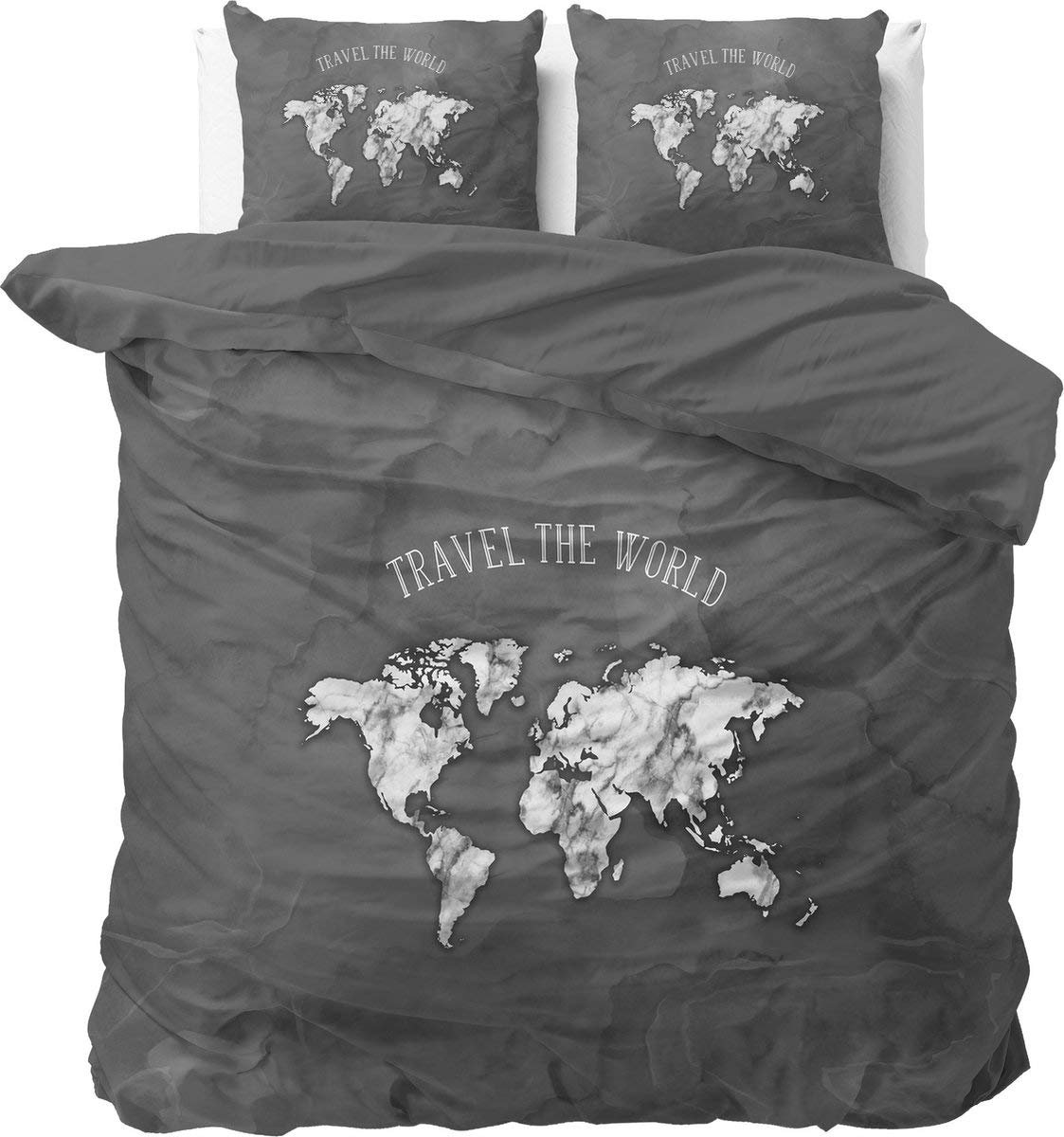 Ibenzoa® Stijlvol Wereldkaart Beddengoed Set van 100% Katoen met Twee Kussenslopen, Grijs, 200 x 220 cm