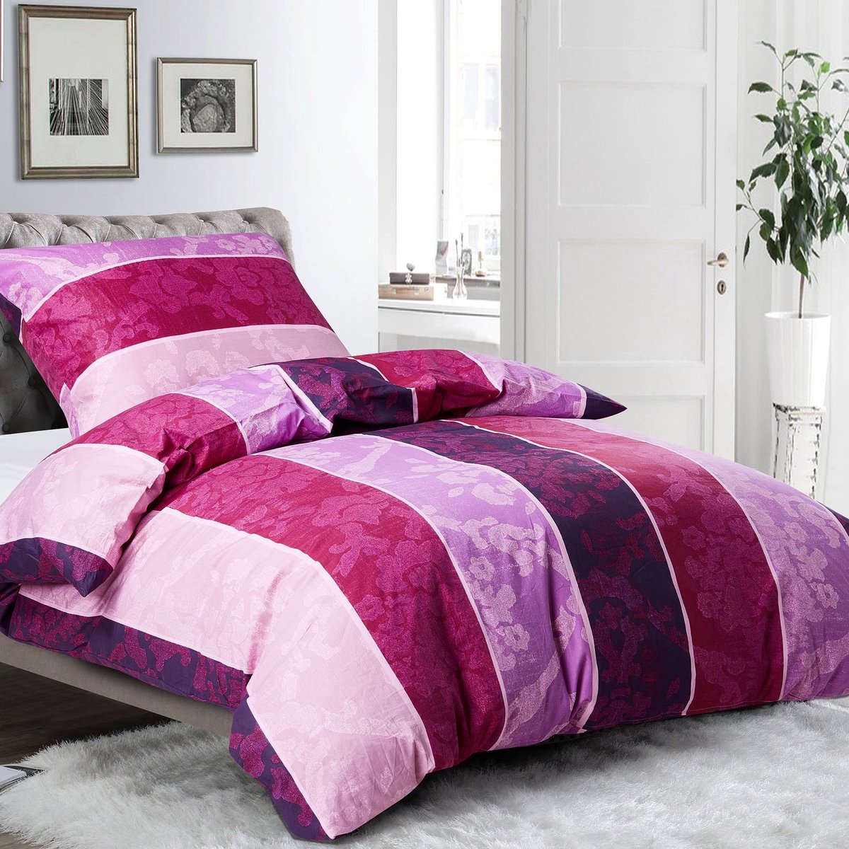 Ibenzoa Beddengoedset van Luxe Katoen met Paarse Bloemenstrepen en Ritssluiting roze