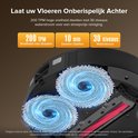 Close-up van de dubbele roterende dweilen van een zwarte robotstofzuiger met blauwe gloed en waterstralen.