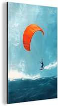 Aluminium schilderij 100x150 cm - Wanddecoratie metaal - Kitesurfer - Oranje - Zee - Lucht - Metalen muurdecoratie woonkamer - Decoratie industrieel - Foto op dibond - Industriële accessoires slaapkamer