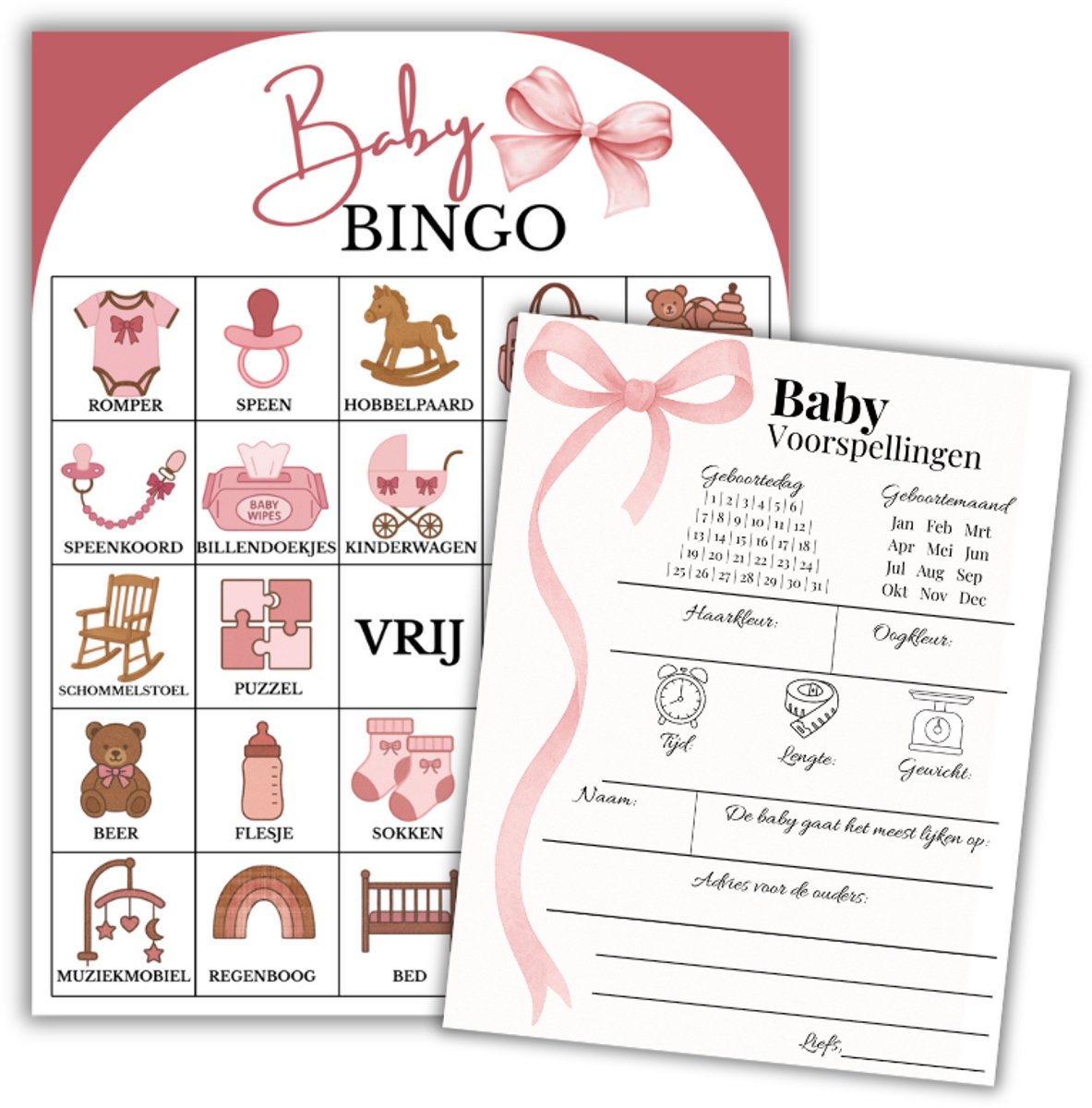 Babyshower Invulkaarten - Set van 20 Babybingo-kaarten + 20 Baby Voorspellingskaarten- Babyshower Spelletjes - Babyshower Bingo - babyshower - Roze Strikjes