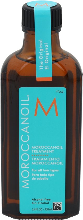 Bruine glazen fles Moroccanoil Treatment, 100 ml, alcoholvrij, met turkoois label.