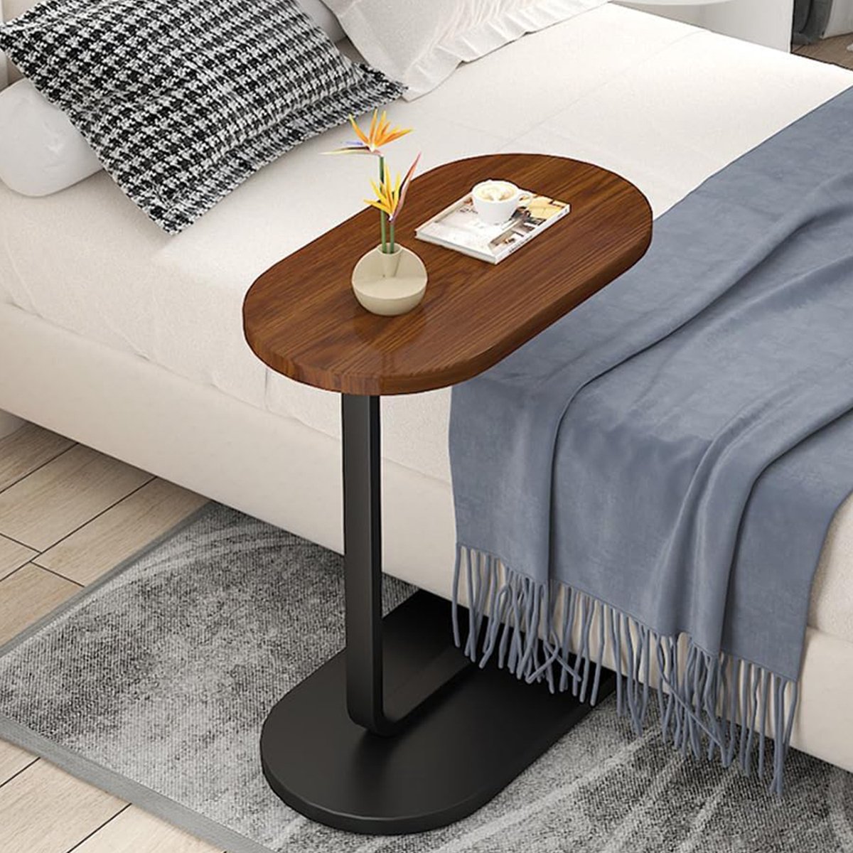 HAUSS SPOLE Bijzettafel - 45x30x63 cm - Ovale Bijzettafel - edtafel en Laptoptafel - Laptop desk - Bijzettafel Bank - Bijzettafel - Nachtkastje -Hout & Metaal-Walnootkleur