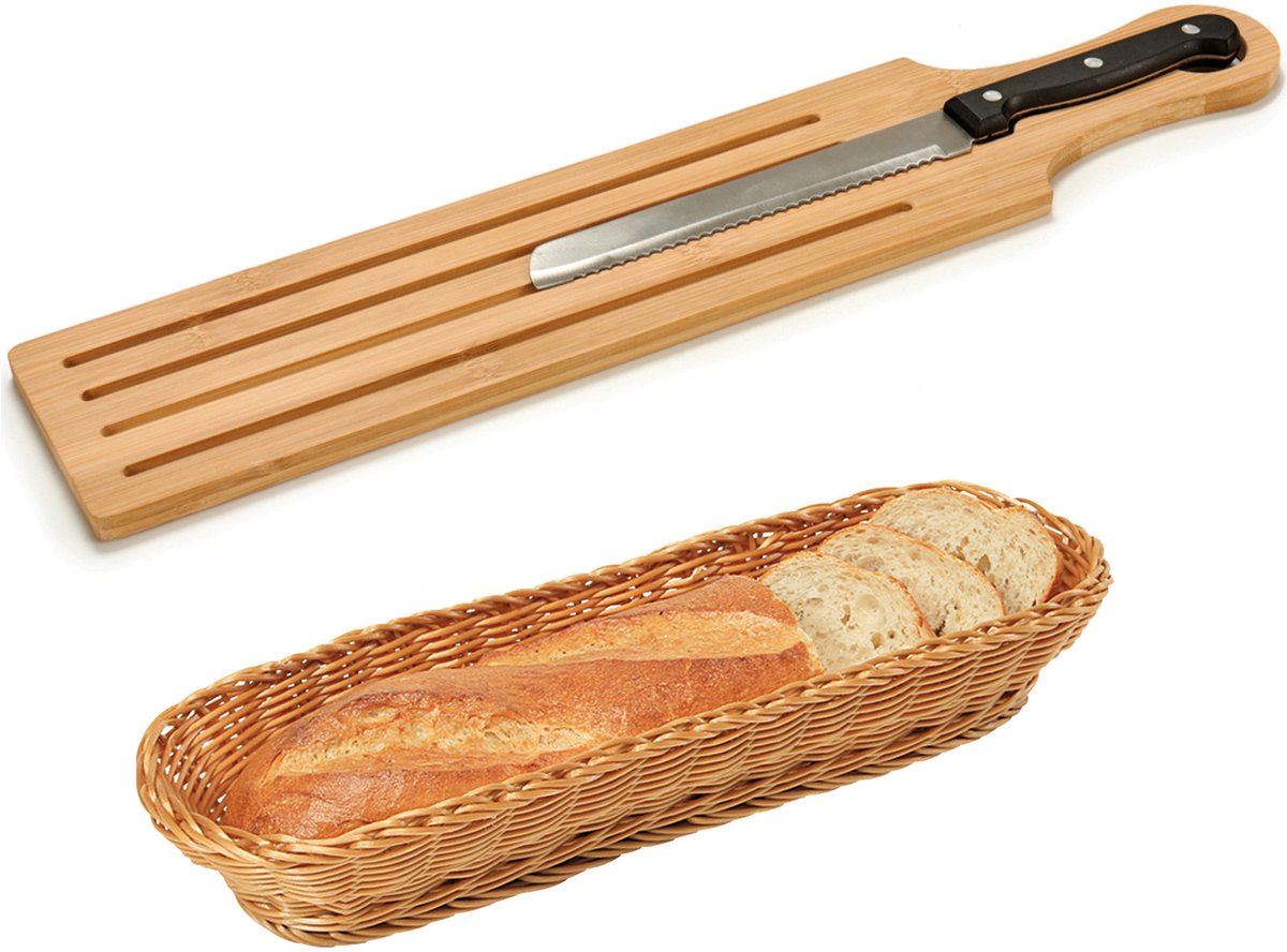 Bamboe houten broodplank/snijplank/serveerplank met broodmes 50 x 10 cm en broodmandje van 41 cm