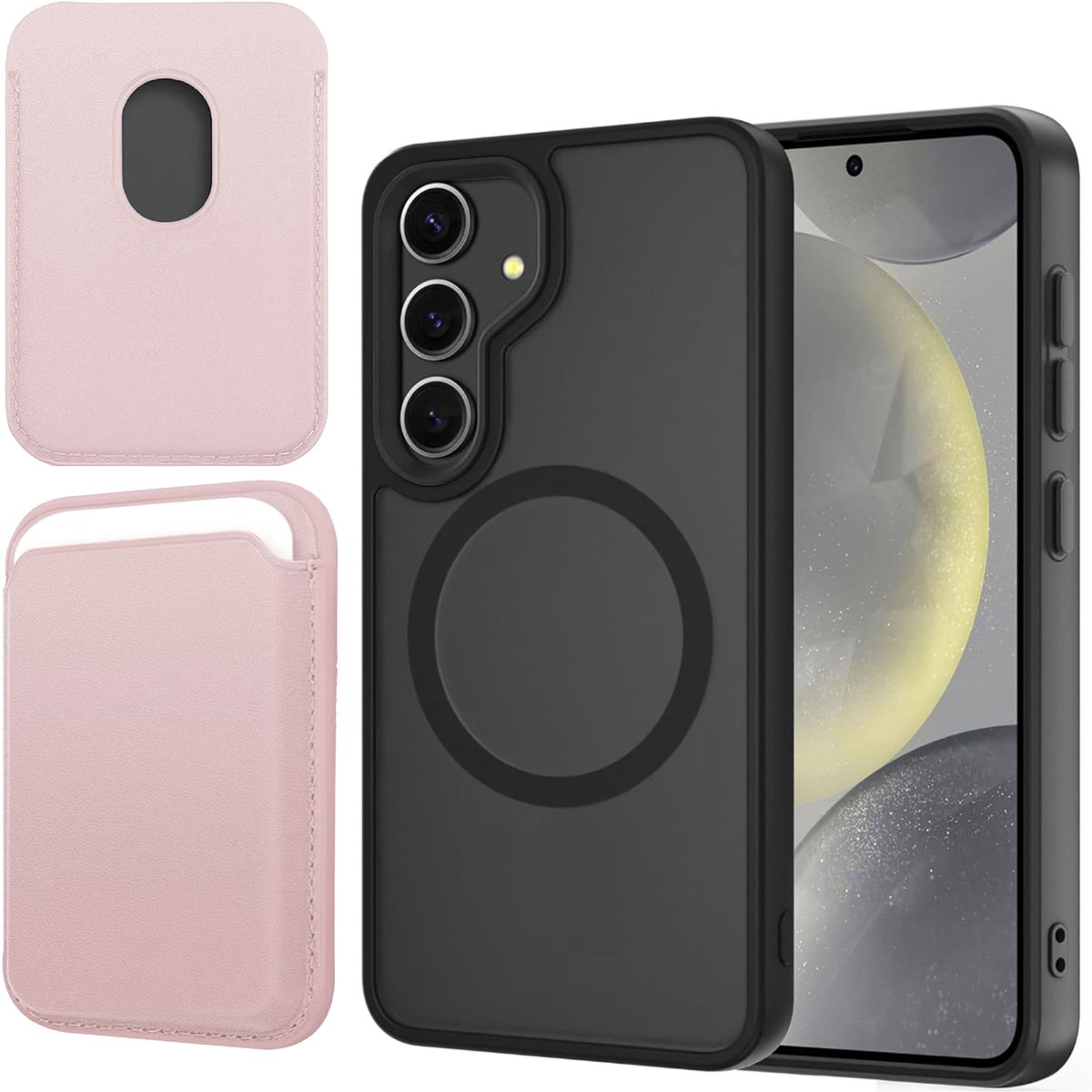 Hoesje + Pasjeshouder geschikt voor Samsung Galaxy S25 Plus - Portemonnee geschikt voor MagSafe - Magnetisch - Pasjes Houder - Creditcardhouder - Rose