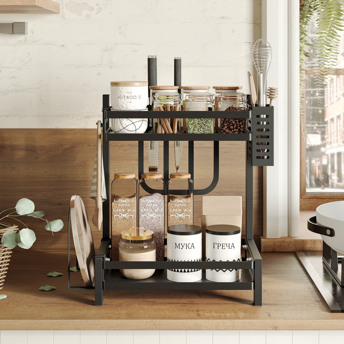 Unyqoos® Multifunctioneel Zwart Keukenrek met Twee Etages en Handige Accessoires