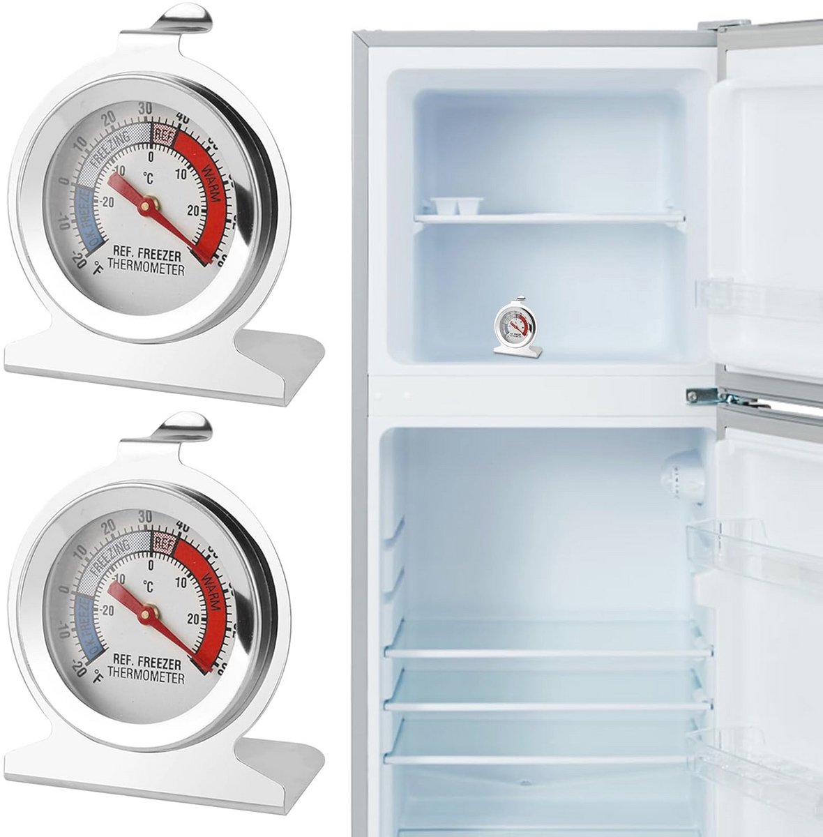 Koelkastthermometers 2 stuks - Roestvrij staal, -30 °C tot 30 °C, Brede Wijzerplaat voor Professioneel Gebruik