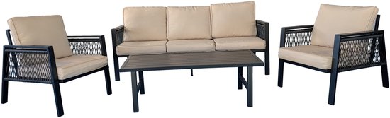 MaxxGarden Tuinmeubelset - Bank + Fauteuil + Tafel - 5-persoons Tuinset - Loungeset - Weerbestendige Tuinlounge - Zwart/Beige