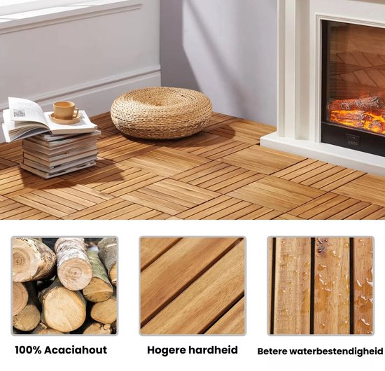 Yaheetech Acacia houten tegels, 30 x 30 cm, set van 10 stuks, 0,96 m², gemakkelijk te leggen, terrastegels, balkontegels, kliksysteem, weerbestendige vloertegels, tuintegels voor terras, balkon en