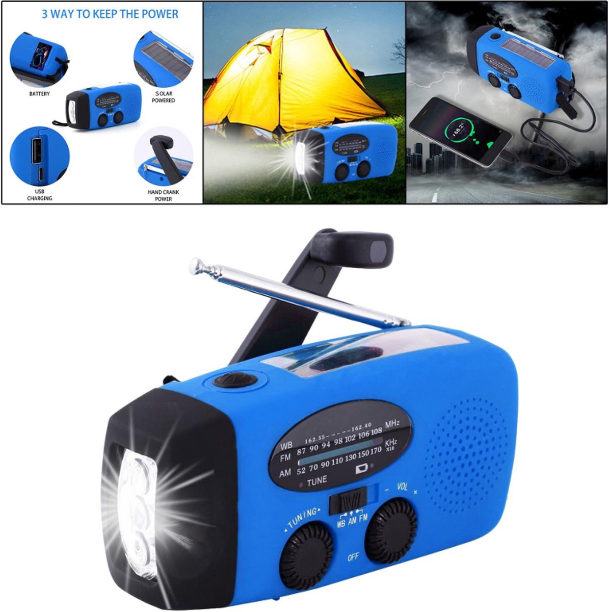 FM/AM/WB - Solar - Zaklamp - Powerbank- mini-noodoverlevingsradio op zonne - Noodradio Op Batterijen -energie - met 3 LED's Superheldere zaklamp 2000mAh batterij - aangedreven powerbank Smartphone-oplader - blauw – foto 4