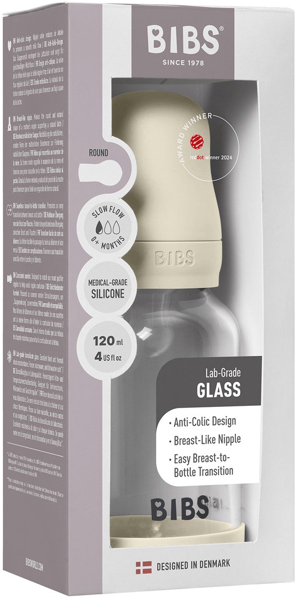 BIBS Fles - Slow Flow - 120 ml - Silicone/Glas - Ivory van Merkloos — afbeelding 2