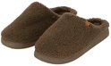 Bruine teddy wollen herenpantoffels met bruine zool en logo.