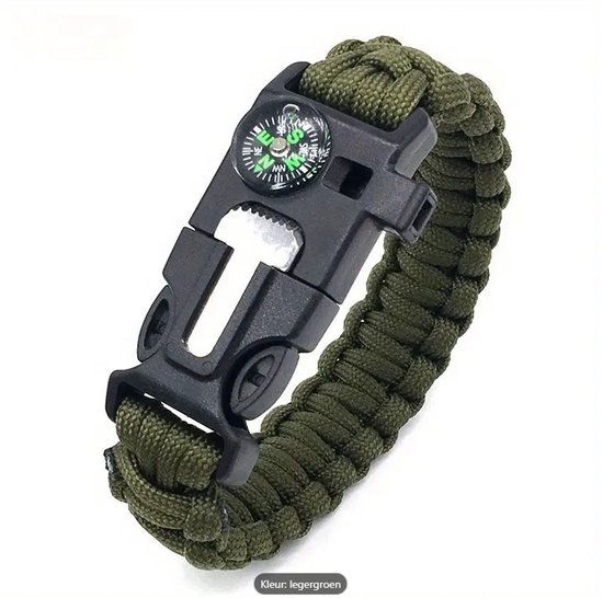 5-in-1 Survival Armband – Legergroen - Bevat: Kompas, Fluitje, Vuurstarter, Snijgereedschap & Noodtouw in één! – 25,5 cm