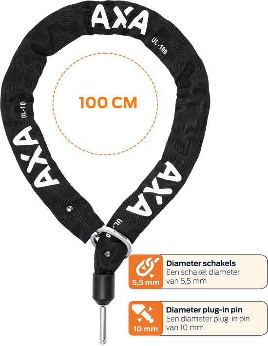 Set bestaande uit AXA Block XXL - Ringslot voor fietsen met brede banden - ART 2 sterren keurmerk - Frameslot - Met ULC plug-in ketting 100 cm - Inclusief opbergtas - Zwart van AXA — afbeelding 2