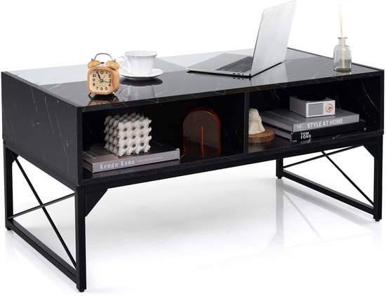 COSTWAY Led Salontafel, Woonkamertafel, Marmerlook, Koffietafel Met Instelbare Lichtkleuren En Helderheid Afstandsbediening 4 Opbergvakken Salontafel Voor Woonkamer 105 X 55 50 Cm Wit 1607347909