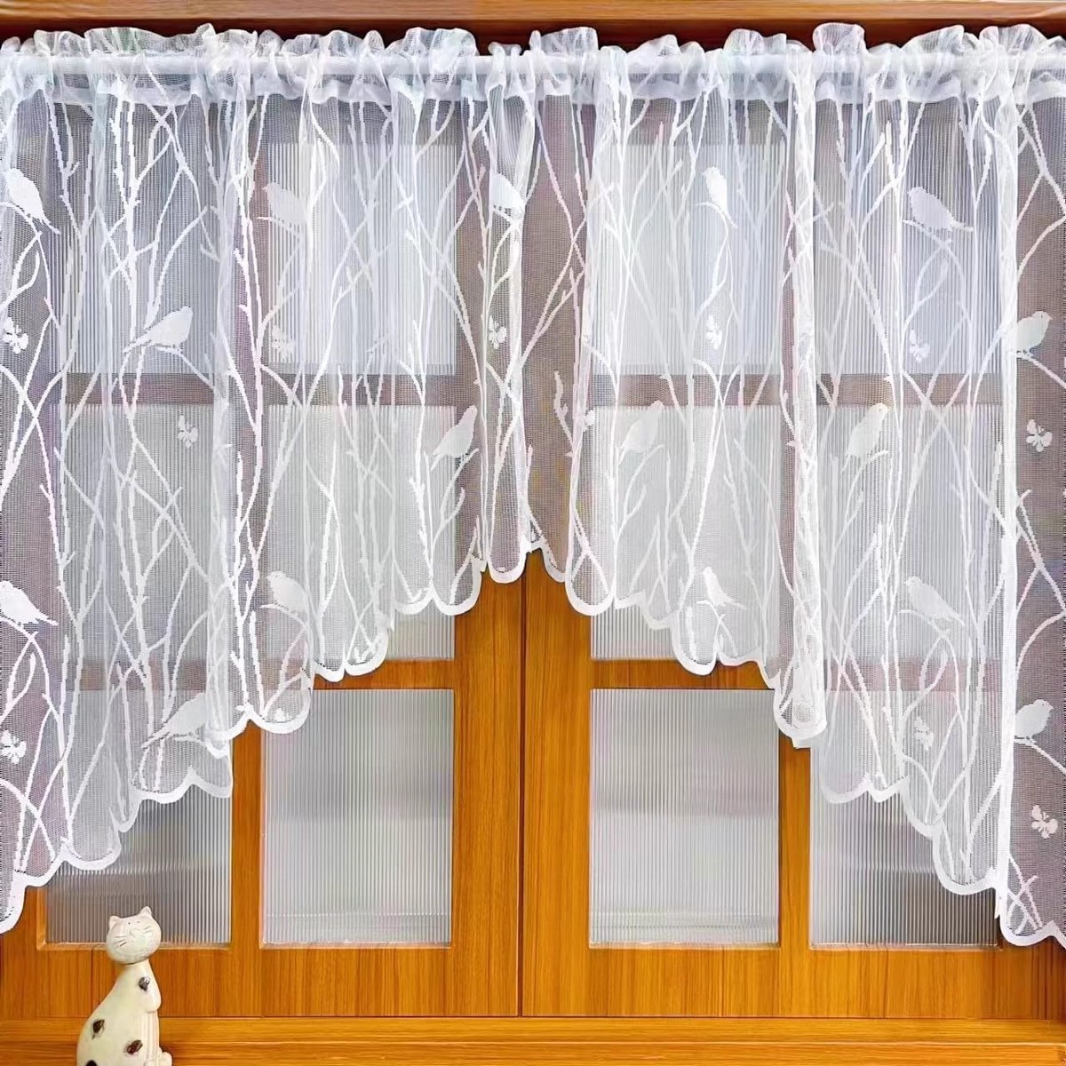 Unyqoos ® Transparante Vitrage Met Bloemen- en Vogelmotief Voor Landelijke Sfeer in Uw Interieur wit