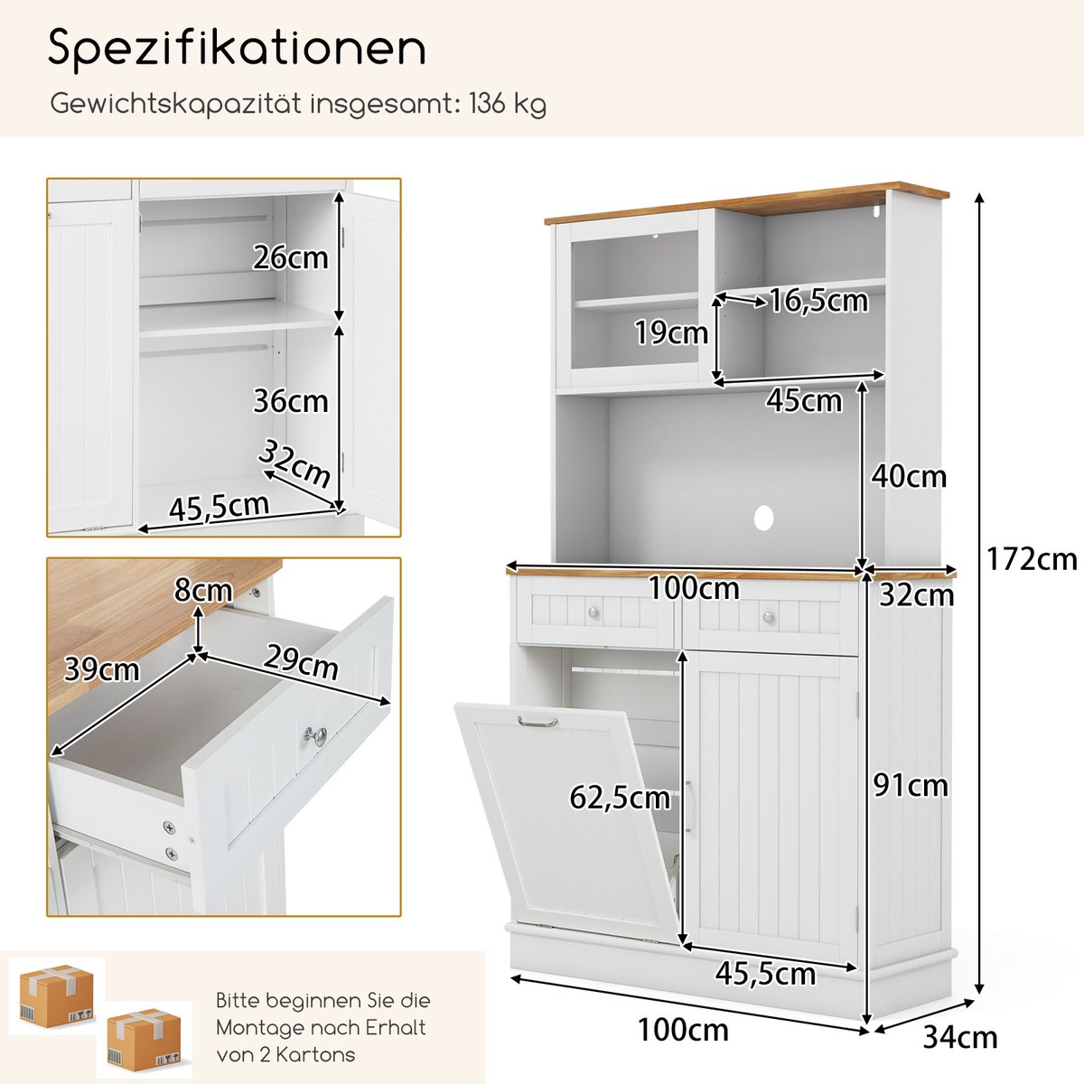 COSTWAY Keukenkast, voor 38 liter vuilnisemmer (niet inbegrepen), buffetkast met werkblad, lade en verstelbare planken, hoge kast keuken, hout voor magnetron, 100 x 34 x 172 cm, wit – foto 7