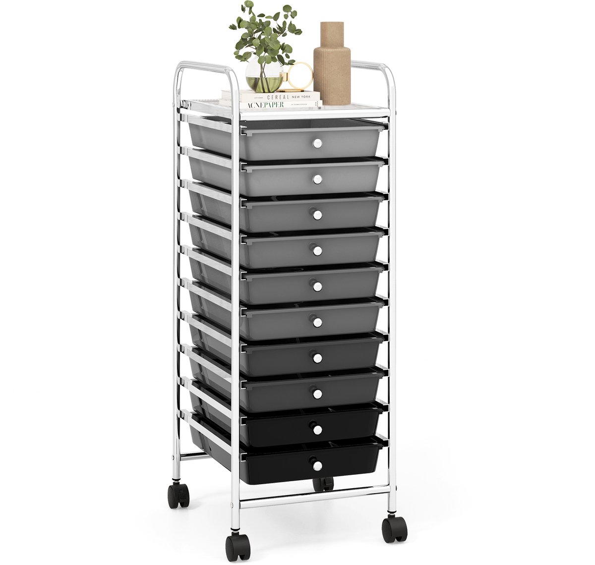 COSTWAY Rolwagen met schuifladen, rolcontainer, badkamertrolley, badkamerrek, bijzetwagen met 10 stapelbare laden, metalen frame, zwart gradatie