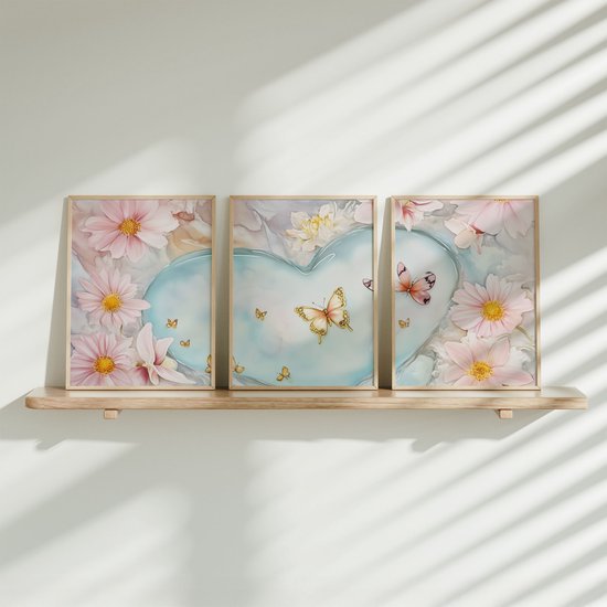 FineArtia - Bain Magique en Forme de Cœur avec Fleurs Roses et Papillons - Set de 3 Posters - 30 x 40 cm - Chambre Fille - Chambre de bébé - Cadeau Baby Shower - Décoration murale - Décoration murale Chambre Enfant - Poster Enfant - Sans Cadre