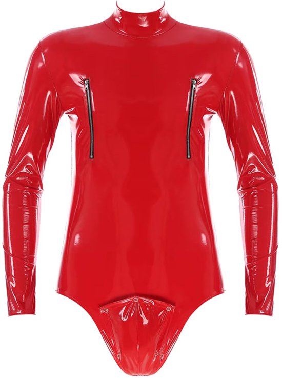 Body Lingerie Homme Cuir Verni - Clubwear - Fermeture Éclair - Catsuit - Rouge - Homme