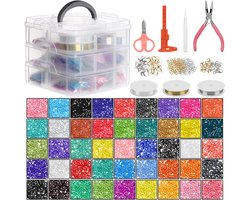 foto van Handi Sticth 26880 Delen Glazen Seed Kralen Sieraden Maken Hobby Kit met Gereedschap en Opslagdoos Kleine Pony Kralen in Geassorteerde Kleuren, Elastieken Koord, Schaar, Tang en Pincet voor DIY