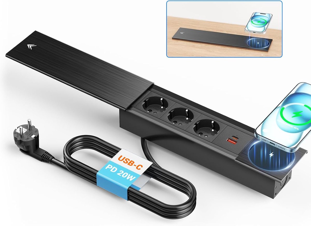 Inbouwstekkerdoos met USB C PD 20W en Draadloos Opladen - 3-voudig Stopcontact met Deksel en 2m Kabel