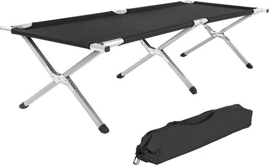 Zwart veldbed met aluminium frame, uitgevouwen en ingeklapt, met draagtas.