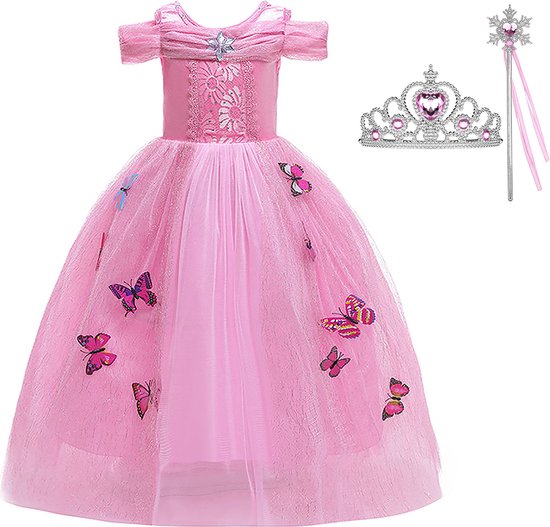 Het Betere Merk - Prinsessenjurk meisje - Roze vlinders - Verkleedkleren meisje - Maat 146/152 (150) - Toverstaf - Kroon - Tiara - Roze jurk - Carnavalskleding kinderen
