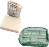Zeephouder van glas met blok zeep Cotton 100gr - Natuurlijke ingrediënten - Zeephouder van gerecycled glas - Gebaseerd op essentiële oliën uit Grasse - Mondgeblazen zeephouder