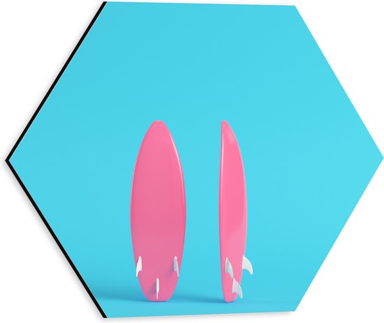 Dibond Hexagon - Twee Roze Surfboads tegen Felblauwe Achtergrond - 30x26.1 cm Foto op Hexagon (Met Ophangsysteem)