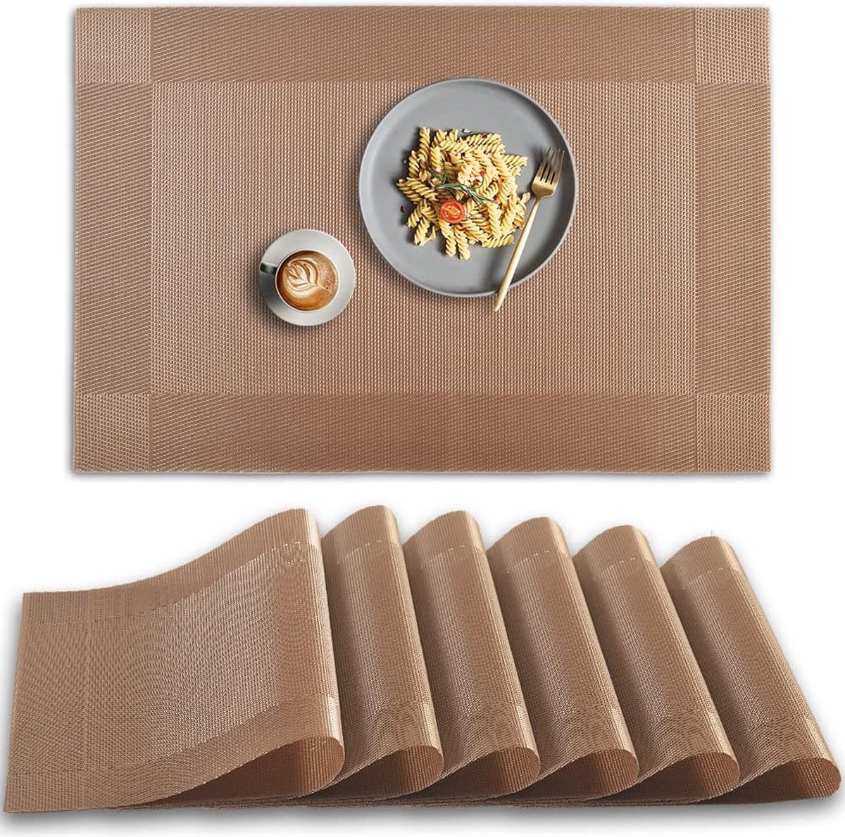 Platzset, 6 Stück rutschfeste, hitzebeständige PVC-Platzsets, waschbare Vinyl-Platzsets – hellbraun
