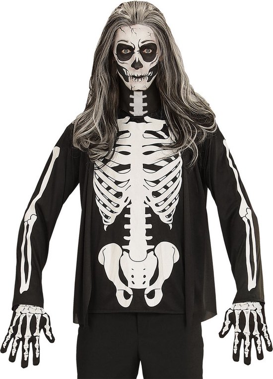 Widmann - Spook & Skelet Kostuum - Skelet Andrea Shirt Man - Zwart, Zwart / Wit - XL - Halloween - Verkleedkleding
