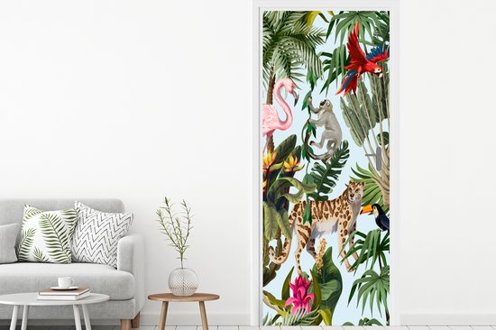 Sticker de porte Jungle - Animaux - Filles - Enfants - Garçons - Flamingo - Perroquet - 95x235 cm - Poster de porte