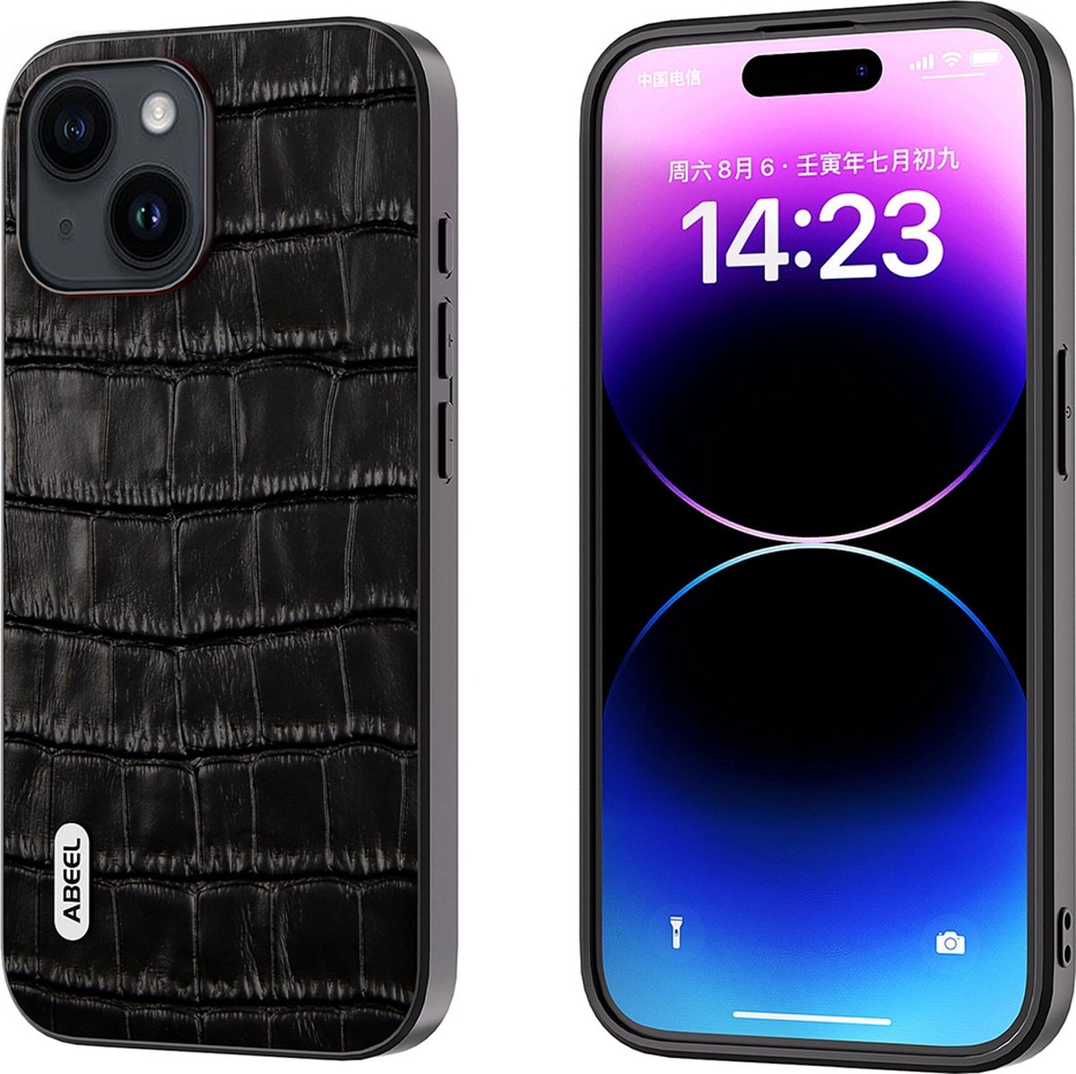 ABEEL lederen telefoonhoesje voor iPhone 14 Plus met zwarte krokodillenprint