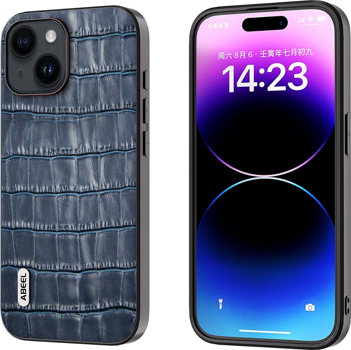 ABEEL lederen telefoonhoesje voor iPhone 14 met blauwe krokodillenprint