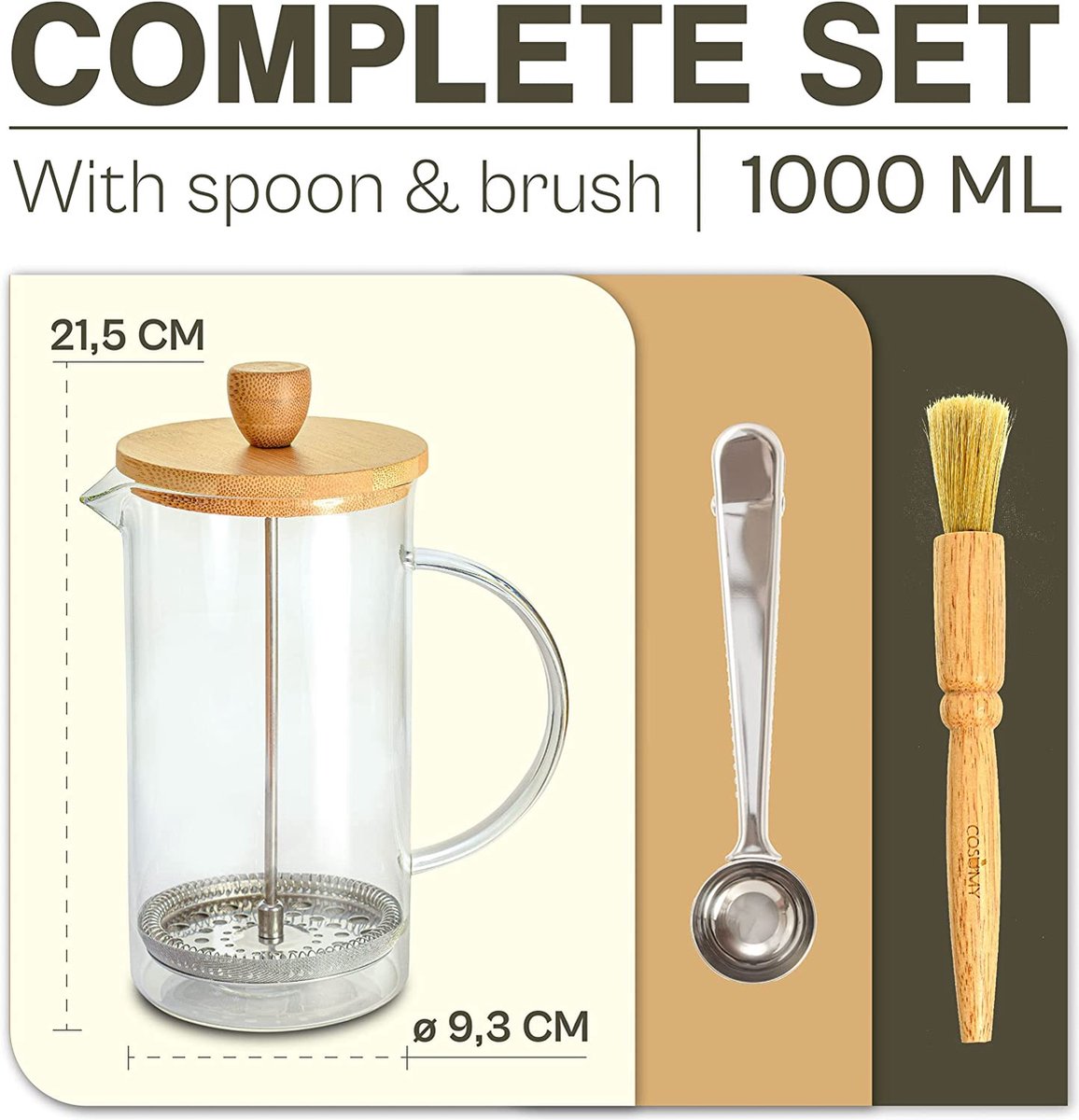 French Press Glass 1 L - Cafetière pour 5 tasses de café - avec cuillère  doseuse et