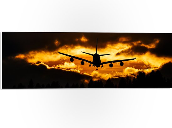PVC Schuimplaat- Silhouet van Passagiersvliegtuig boven de Bomen tijdens Zonsondergang - 60x20 cm Foto op PVC Schuimplaat