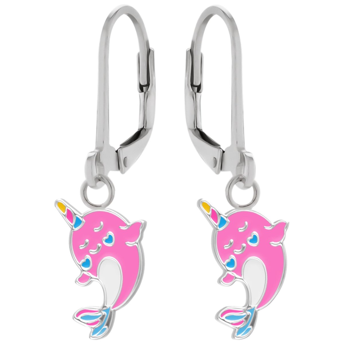 Oorbellen meisje zilver | Eenhoorn oorbellen | Zilveren oorhangers, roze dolfijn unicorn