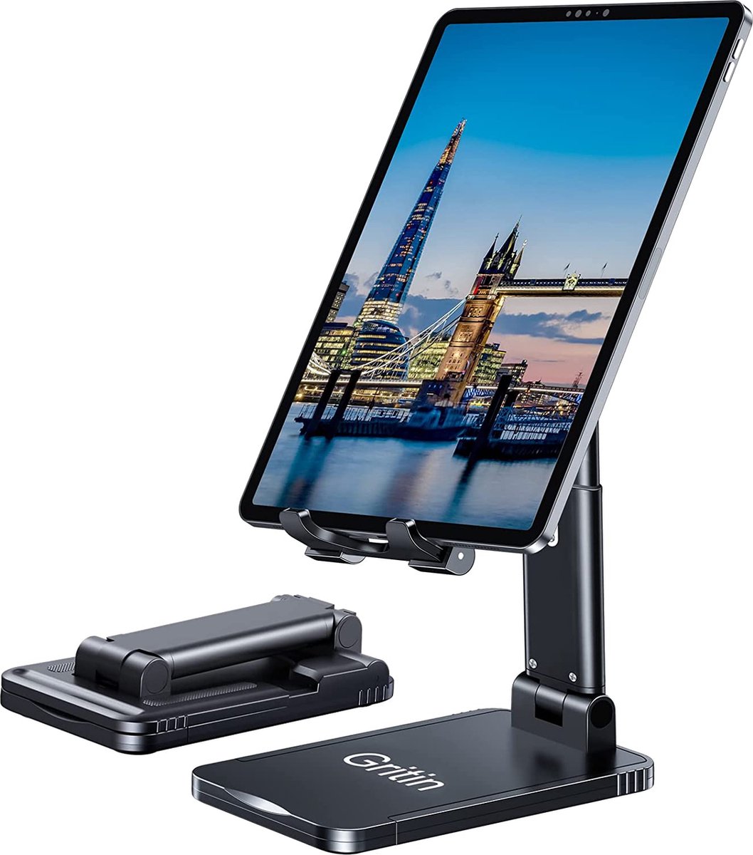 Tabletstandaard,mobiele telefoonstandaard, verstelbare tablethouder voor mobiele telefoon, universeel en opvouwbaar, voor 2020 iPad Pro, mobiele telefoon en andere tablets van 4-12,9 inch-Zwart