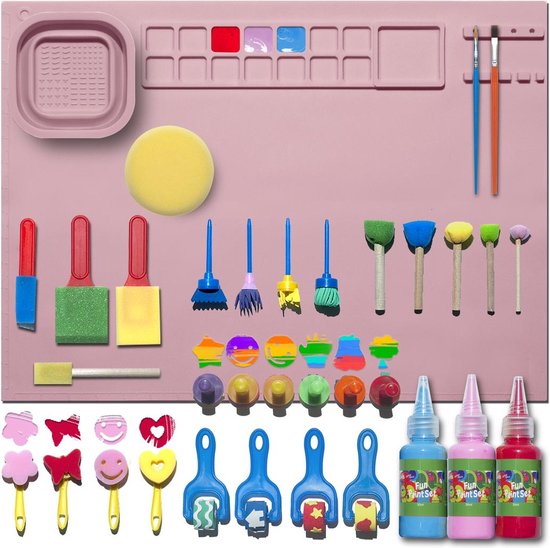 Tekenmat Art Station met 30 Brush en Stempels Accessoires en 3 wasbare vingerverf - Verfmat - Roze - Verfplacemat - Verven - Kinderen - Art Set - Creativiteitsdoos voor kinderen - Knutselen - Knutselplacemat - Verfmat - Siliconen