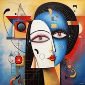 JJ-Art (Canvas) 60x60 | Vrouw gezicht in modern surrealisme, kleurrijk, kunst | abstract, blauw, rood, wit, bruin, zwart, vierkant, modern | Foto-Schilderij canvas print (wanddecoratie)