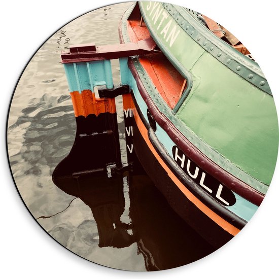 Dibond Muurcirkel - Zijkant van de Boot met Stuurbord - 30x30 cm Foto op Aluminium Muurcirkel (met ophangsysteem)